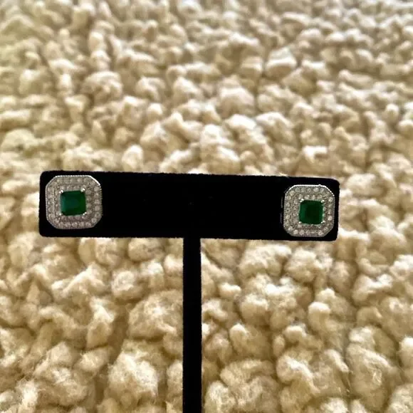 925 Sterling Silver Elegant Square Green Emerald CZ Stone Diamond Stud Earrings
